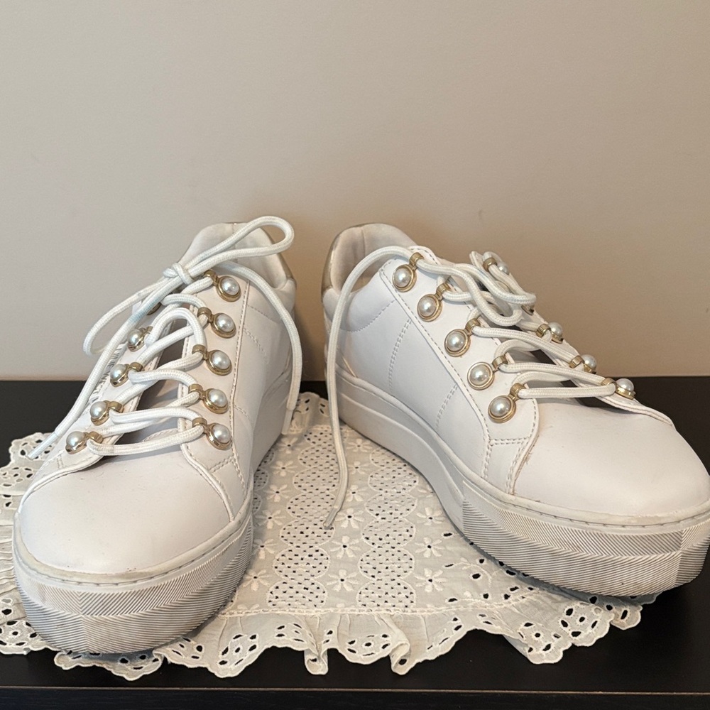 Nine West White Sneakers with Pearl and Gold Details